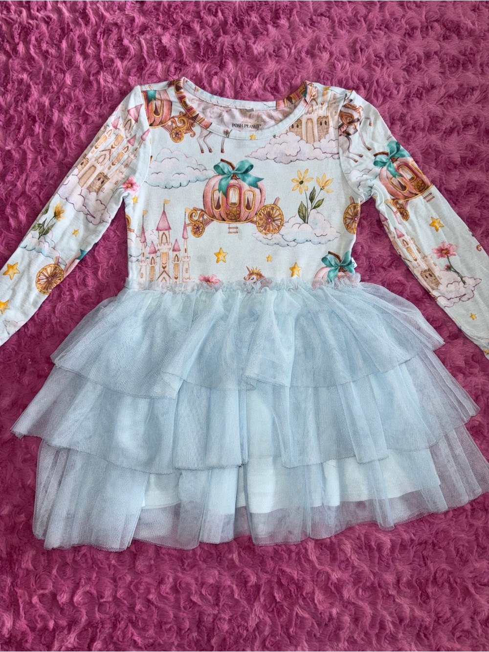 Posh Peanut Margaret Princess Carriage Tulle Tiered Dress - Light Blue 3/4T
